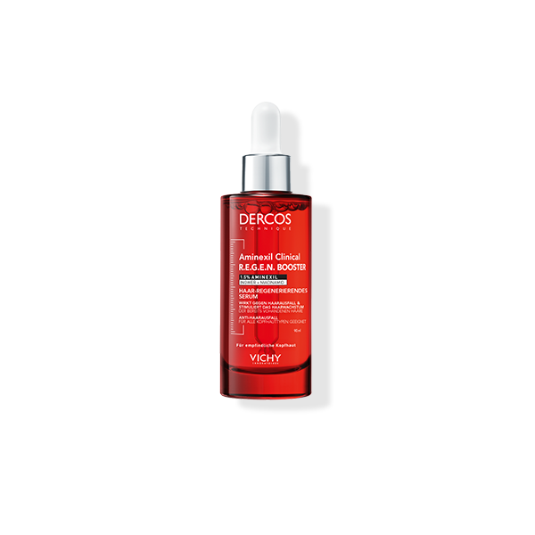 VICHY DERCOS R.E.G.E.N. Sérum anti-chute dans un emballage rouge avec distributeur à pompe.