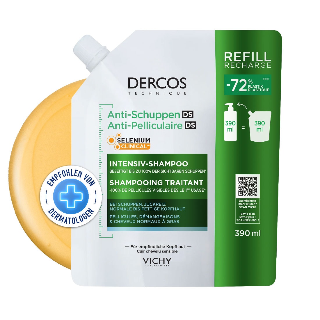 Vichy Dercos Anti-Schuppen Refill mit Selenium Clinical für empfindliche Kopfhaut, 390 ml Nachfuellpackung.