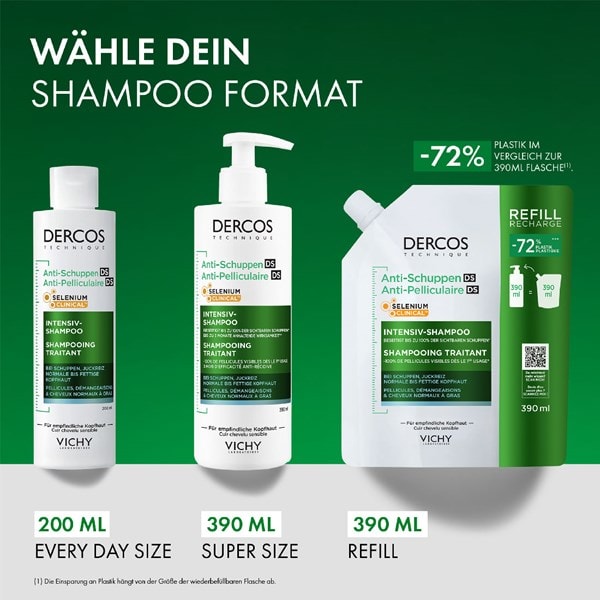 Vichy Dercos Anti-Schuppen-Shampoo in drei Formaten: 200 ml Flasche, 390 ml Pumpspender und 390 ml Refill.