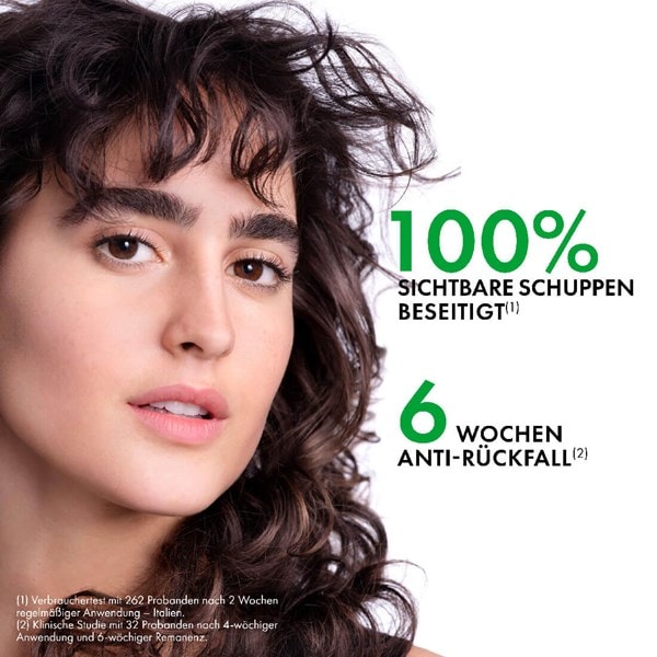 Werbemotiv mit Person und Hinweis auf die Beseitigung sichtbarer Schuppen sowie Anti-Rueckfall-Schutz für 6 Wochen.