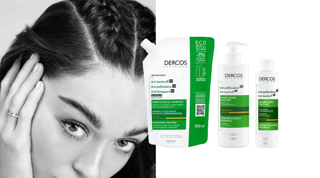 Image divisée. À gauche, une jeune femme. À droite, les variations du produit Dercos Shampooing anti-pelliculaire.
