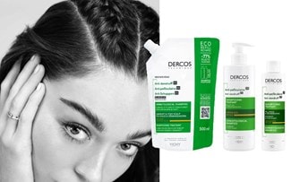 Image divisée. À gauche, une jeune femme. À droite, les variations du produit Dercos Shampooing anti-pelliculaire.