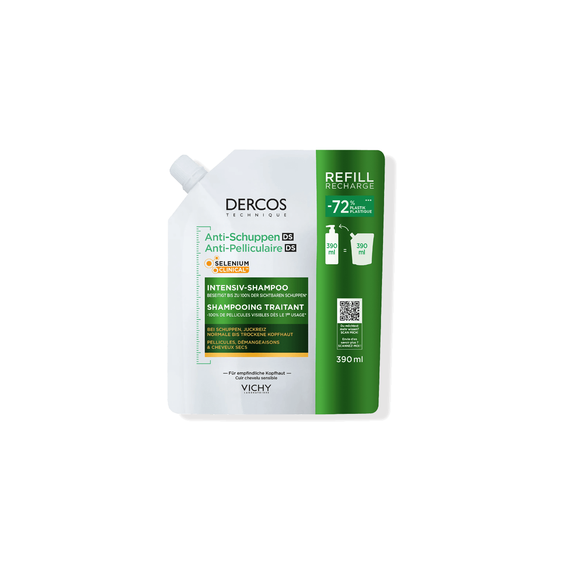 Recharge de 390 ml du shampooing intensif antipelliculaire Vichy Dercos, avec 72 % de plastique en moins.