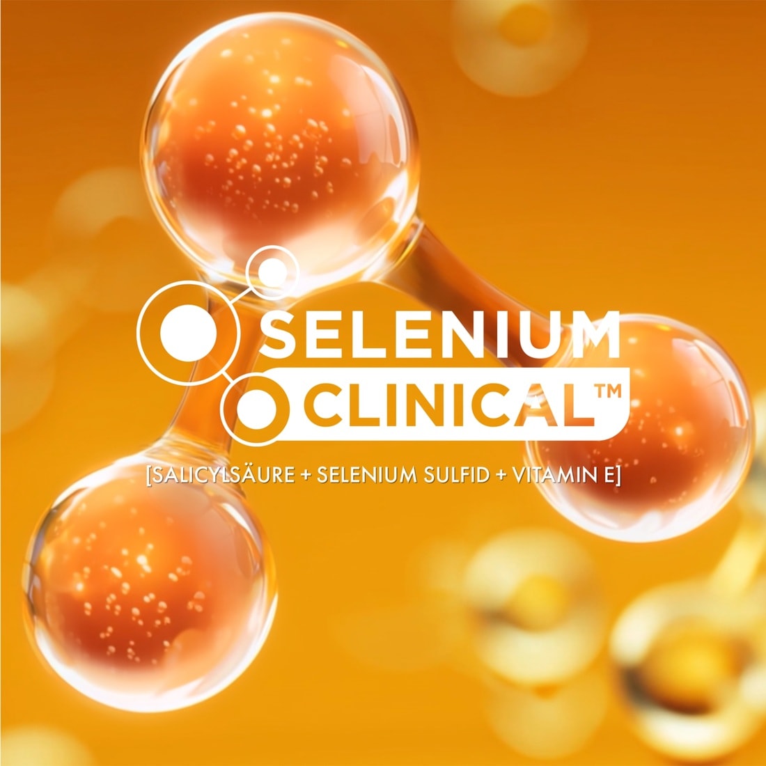 Selenium Clinical mit Salicylsäure, Selenium Sulfid und Vitamin E auf orangefarbenem Hintergrund.