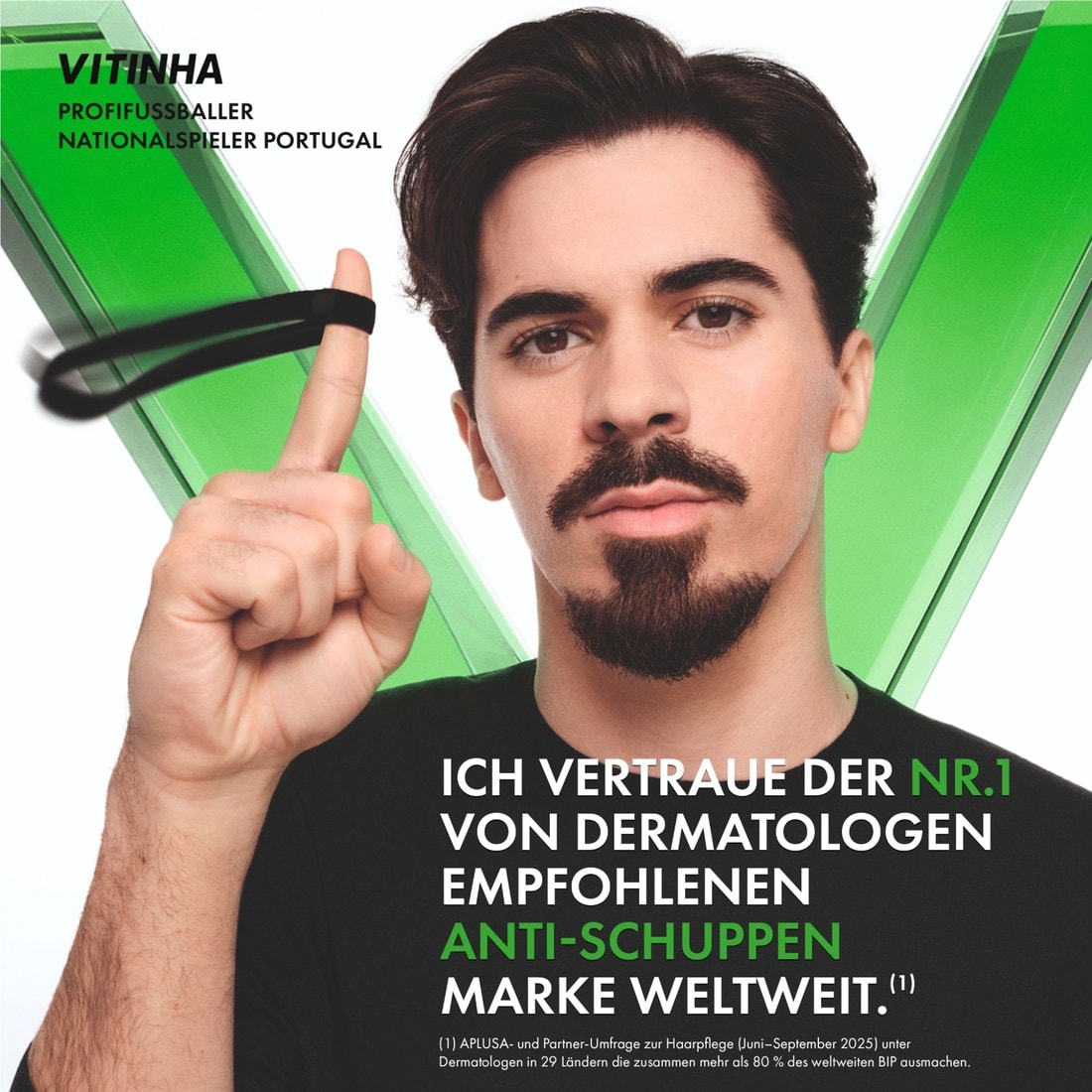 Person vor grüner Kulisse mit Fussballmotiv. Text zur weltweit von Dermatologen empfohlenen Anti-Schuppen-Marke Nr. 1.