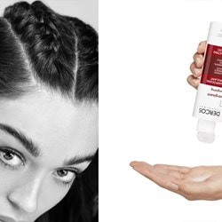 Links das Gesicht einer Frau, rechts Anwendung des DERCOS Vitalshampoo mit Aminexil von Vichy