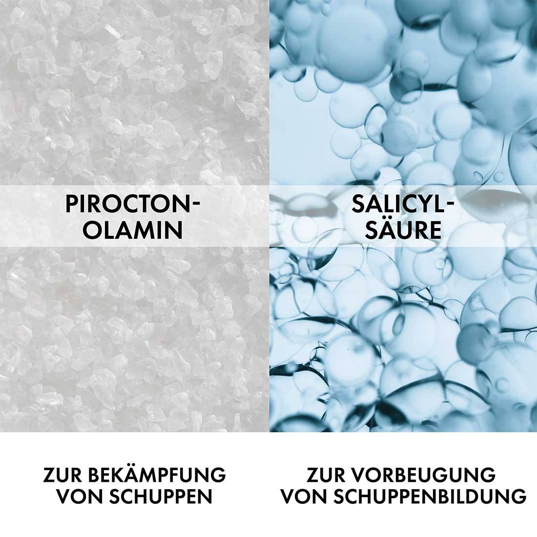 Darstellung der Wirkstoffe. Pirocton Olamin bekämpft Schuppen. Salicylsäure beugt neuer Schuppenbildung vor.