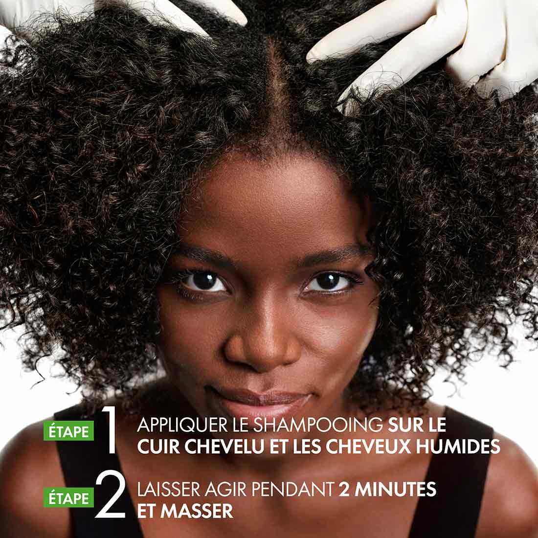 Étapes d’utilisation : appliquer sur cuir chevelu humide, laisser agir deux minutes, masser puis rincer.