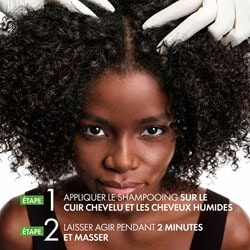 Étapes d’utilisation : appliquer sur cuir chevelu humide, laisser agir deux minutes, masser puis rincer.
