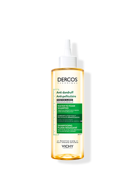 Flacon du shampooing antipelliculaire Water to Foam de Vichy Dercos. Avec applicateur pour un soin ciblé du cuir chevelu.