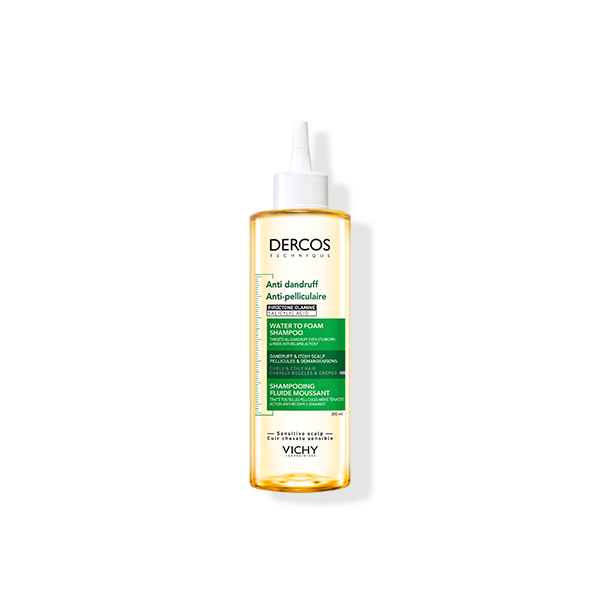 Flacon du shampooing antipelliculaire Water to Foam de Vichy Dercos. Avec applicateur pour un soin ciblé du cuir chevelu.