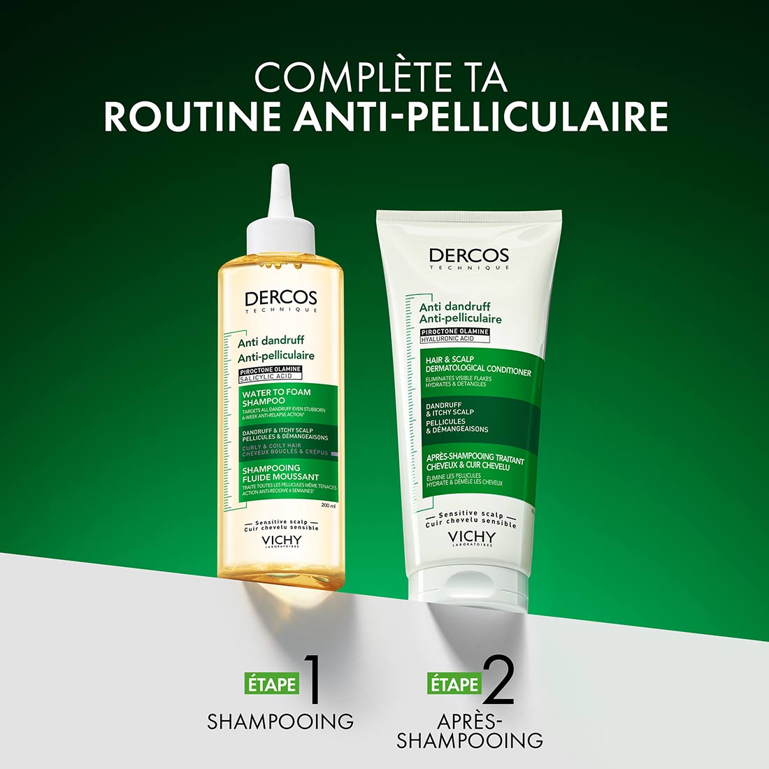 Routine antipelliculaire Vichy Dercos : étape 1 shampooing fluide moussant Water to Foam, étape 2 après-shampooing dermatologique.
