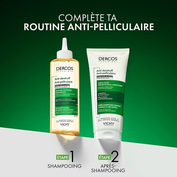 Routine antipelliculaire Vichy Dercos : étape 1 shampooing fluide moussant Water to Foam, étape 2 après-shampooing dermatologique.
