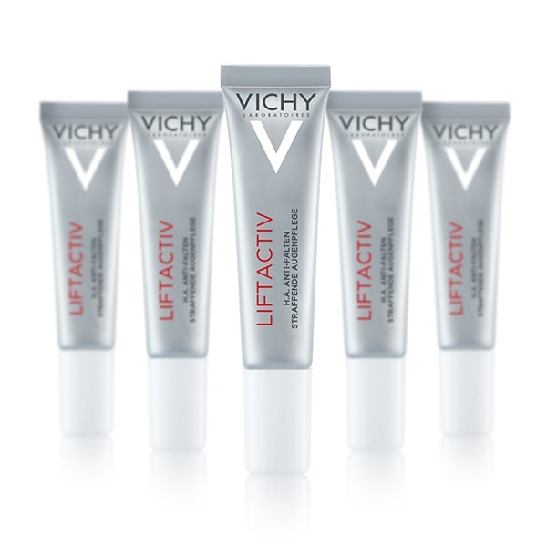 Fünf Tuben der LIFTACTIV Augenpflege von Vichy für eine glatte und strahlende Augenpartie
