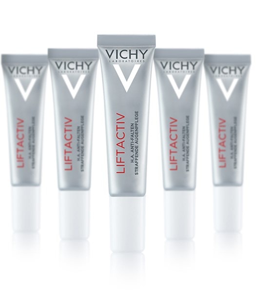 Fünf Tuben der LIFTACTIV Augenpflege von Vichy für eine glatte und strahlende Augenpartie