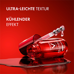 Rotes Vichy-Serum mit Pipette liegt auf glänzender Oberfläche vor rotem Hintergrund, begleitet von den Worten „Ultra-leichte Textur“ und „Kühlender Effekt“.