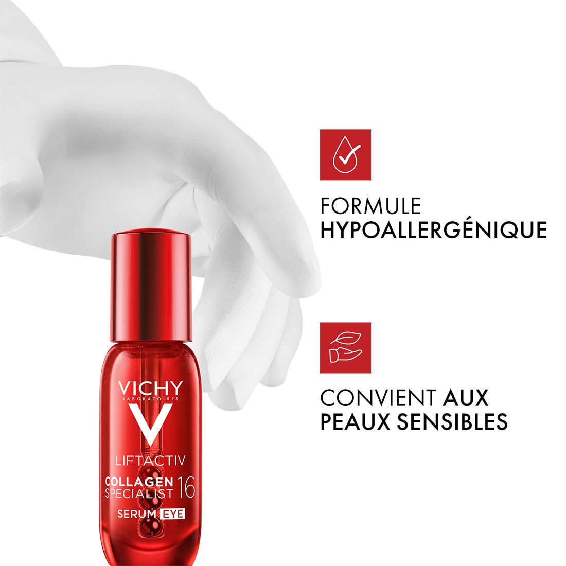 Le sérum contour des yeux Vichy Collagen Specialist 16 possède une formule hypoallergénique et convient aux peaux sensibles.
