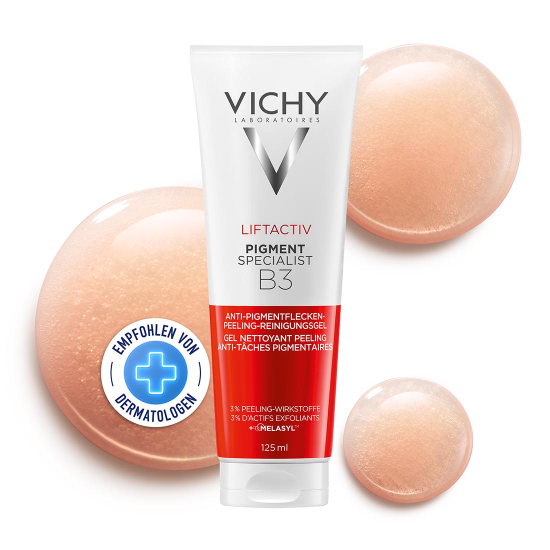 Vichy Liftactiv Pigment Specialist B3 Peeling-Reinigungsgel in weiss-roter Tube vor beigefarbenen Gel-Tropfen mit Siegel "Empfohlen von Dermatologen"