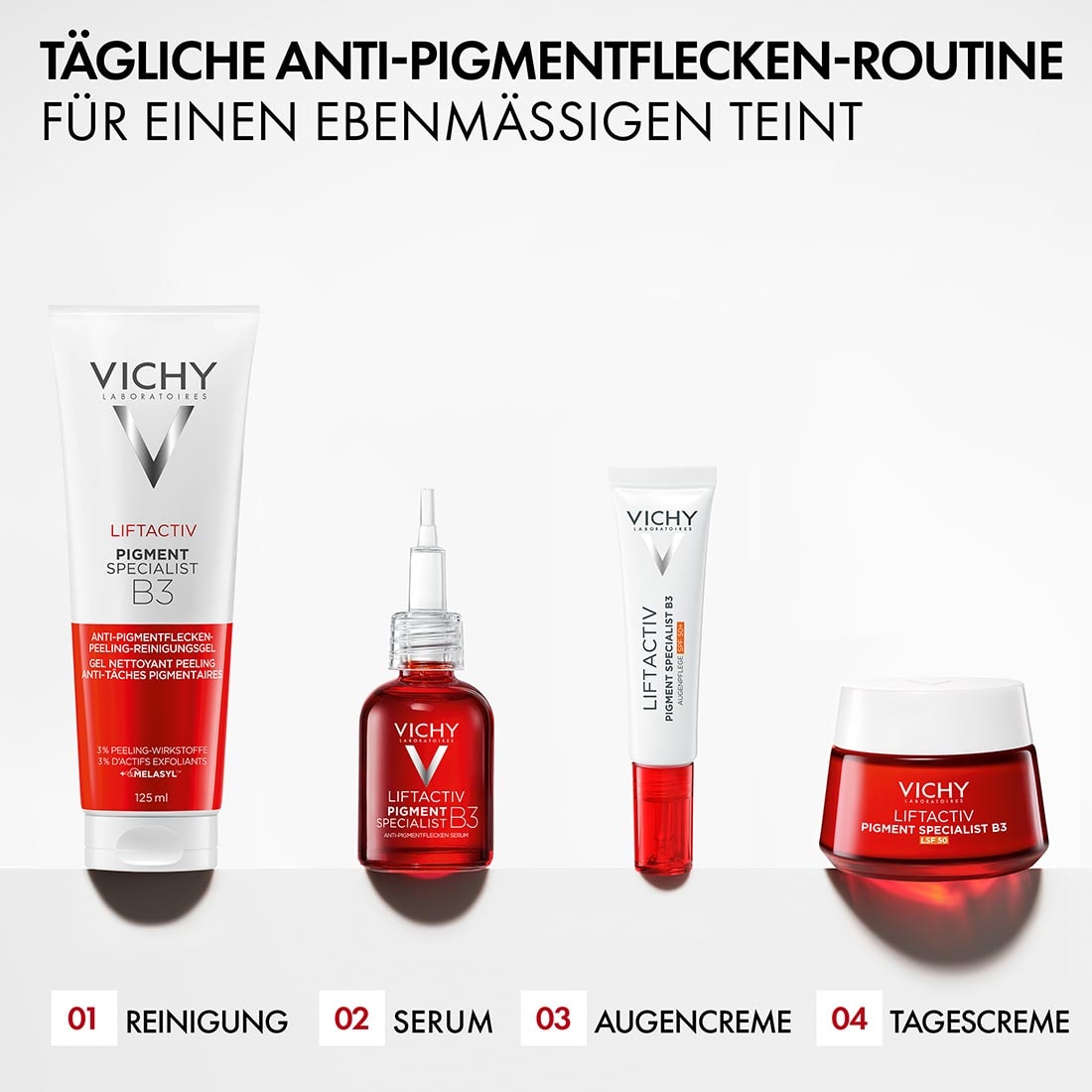 Vichy Liftactiv Pigment Specialist B3 Pflegeroutine mit Reinigungsgel, Serum, Augencreme und Tagescreme, darüber Schriftzug "Tägliche Anti-Pigmentflecken-Routine für einen ebenmässigen Teint"