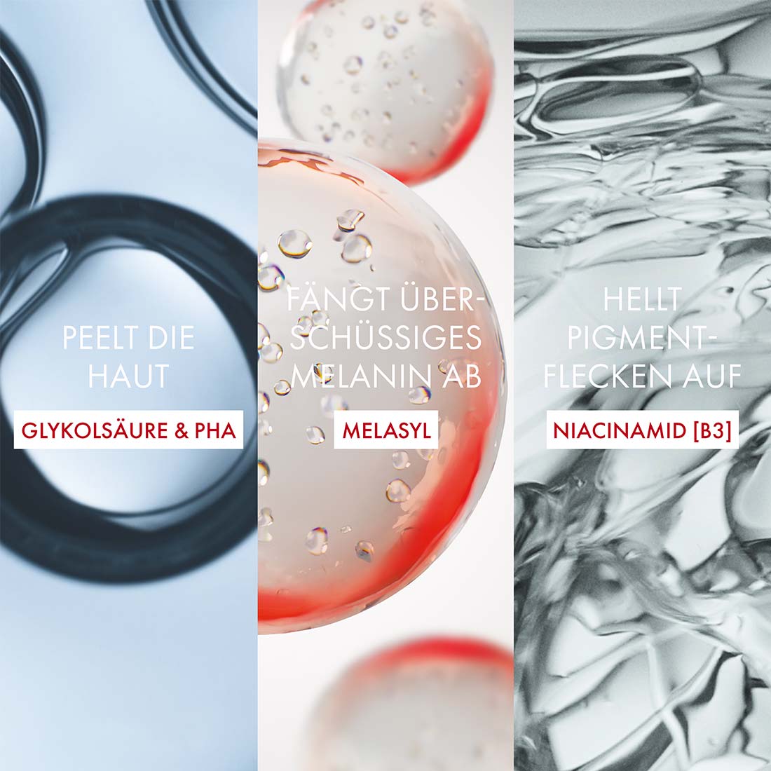 Dreigeteiltes Wirkstoff-Visual mit Text «Peelt die Haut – Glykolsäure & PHA», «Fängt überschüssiges Melanin ab – Melasyl» und «Helllt Pigmentflecken auf – Niacinamid [B3]»