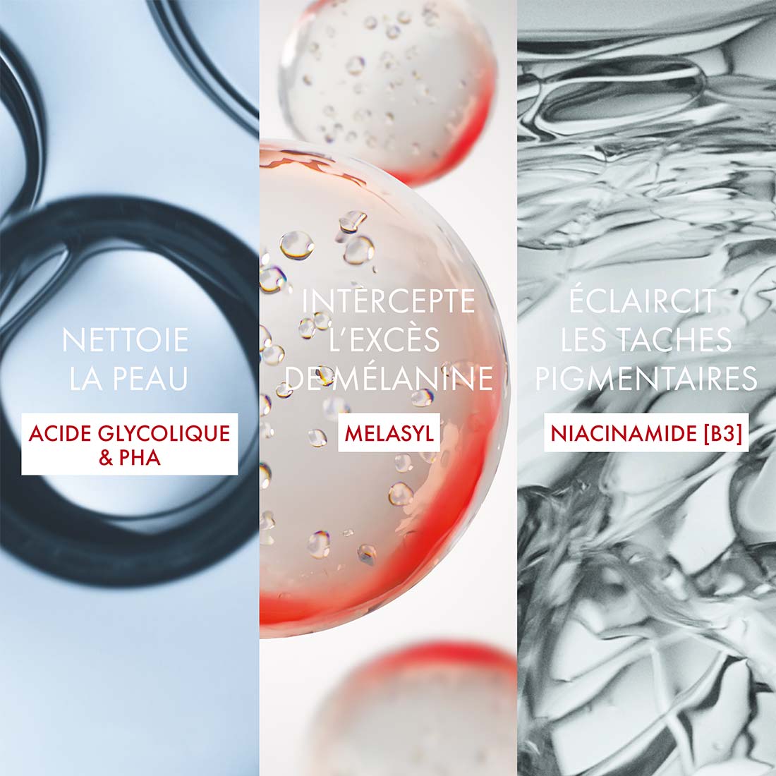 Visuel en trois parties des actifs avec texte « Nettoie la peau – Acide glycolique & PHA », « Intercepte l’excès de mélanine – Melasyl » et « Éclaircit les taches pigmentaires – Niacinamide [B3] »