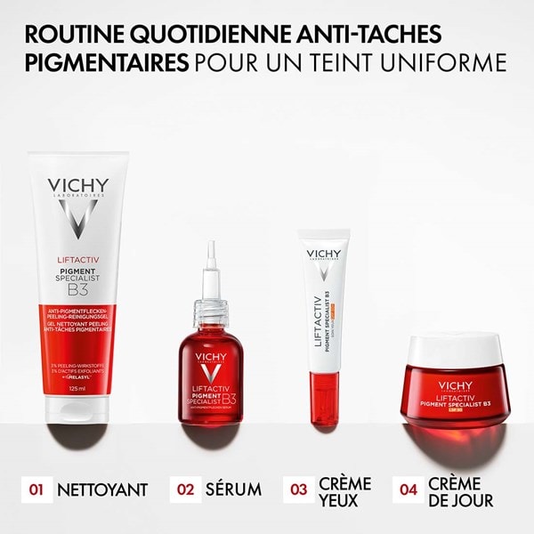 Routine Vichy Liftactiv Pigment Specialist B3 avec gel nettoyant, sérum, crème yeux et crème de jour, avec texte « Routine quotidienne anti-taches pigmentaires pour un teint uniforme »