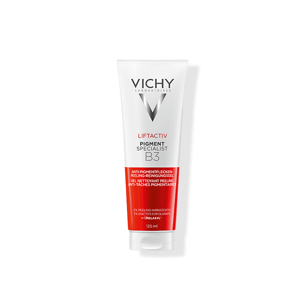 Gel nettoyant peeling Vichy Liftactiv Pigment Specialist B3 en tube blanc et rouge, vue de face