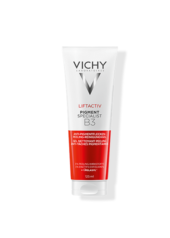 Gel nettoyant peeling Vichy Liftactiv Pigment Specialist B3 en tube blanc et rouge, vue de face