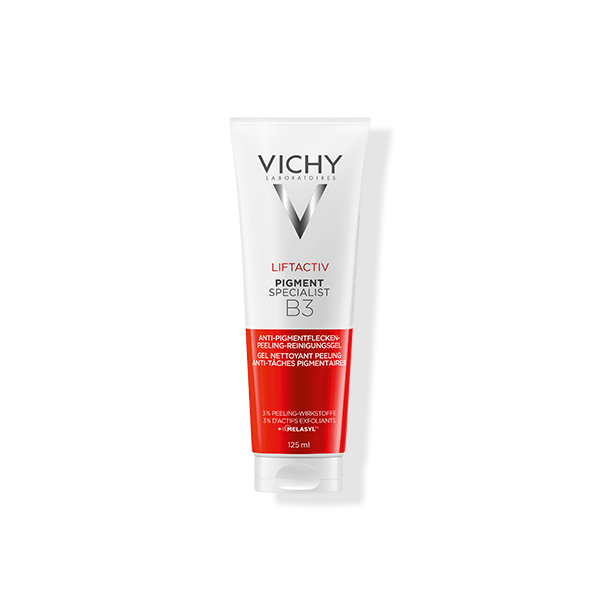 Gel nettoyant peeling Vichy Liftactiv Pigment Specialist B3 en tube blanc et rouge, vue de face