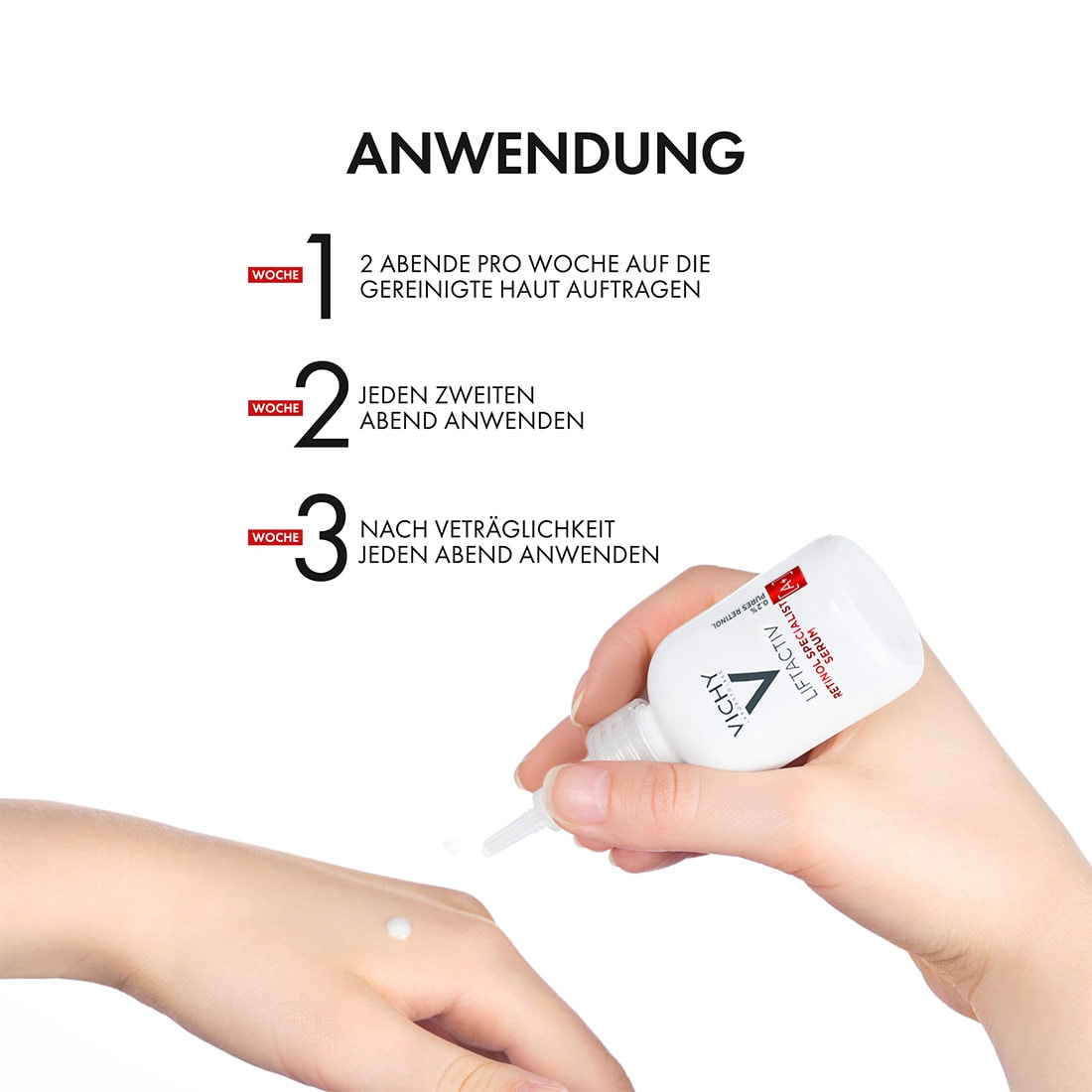 Anwendung Vichy Liftactiv Retinol Specialist Serum schrittweise Steigerung von zwei Abenden pro Woche bis täglich
