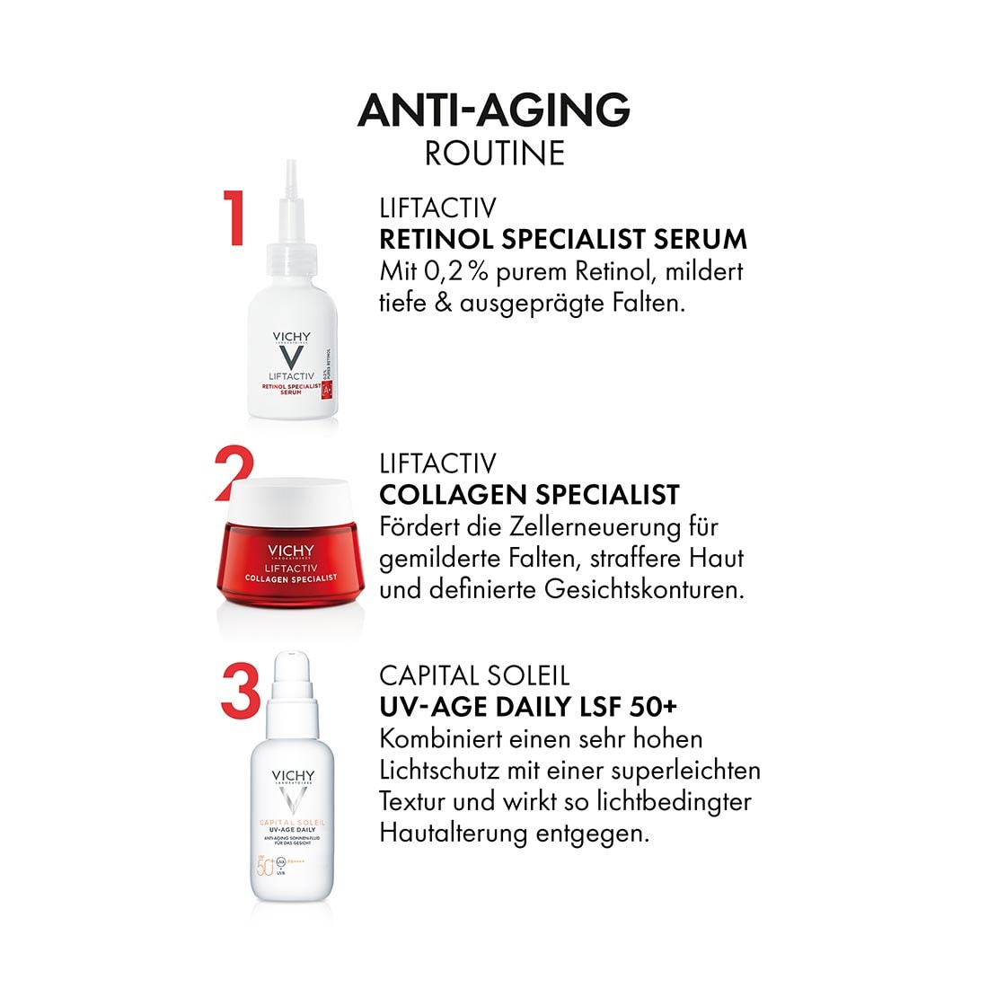 Vichy Anti Aging Routine mit Retinol Specialist Serum Collagen Specialist Creme und UV Age Daily Lichtschutzfaktor fünfzig plus