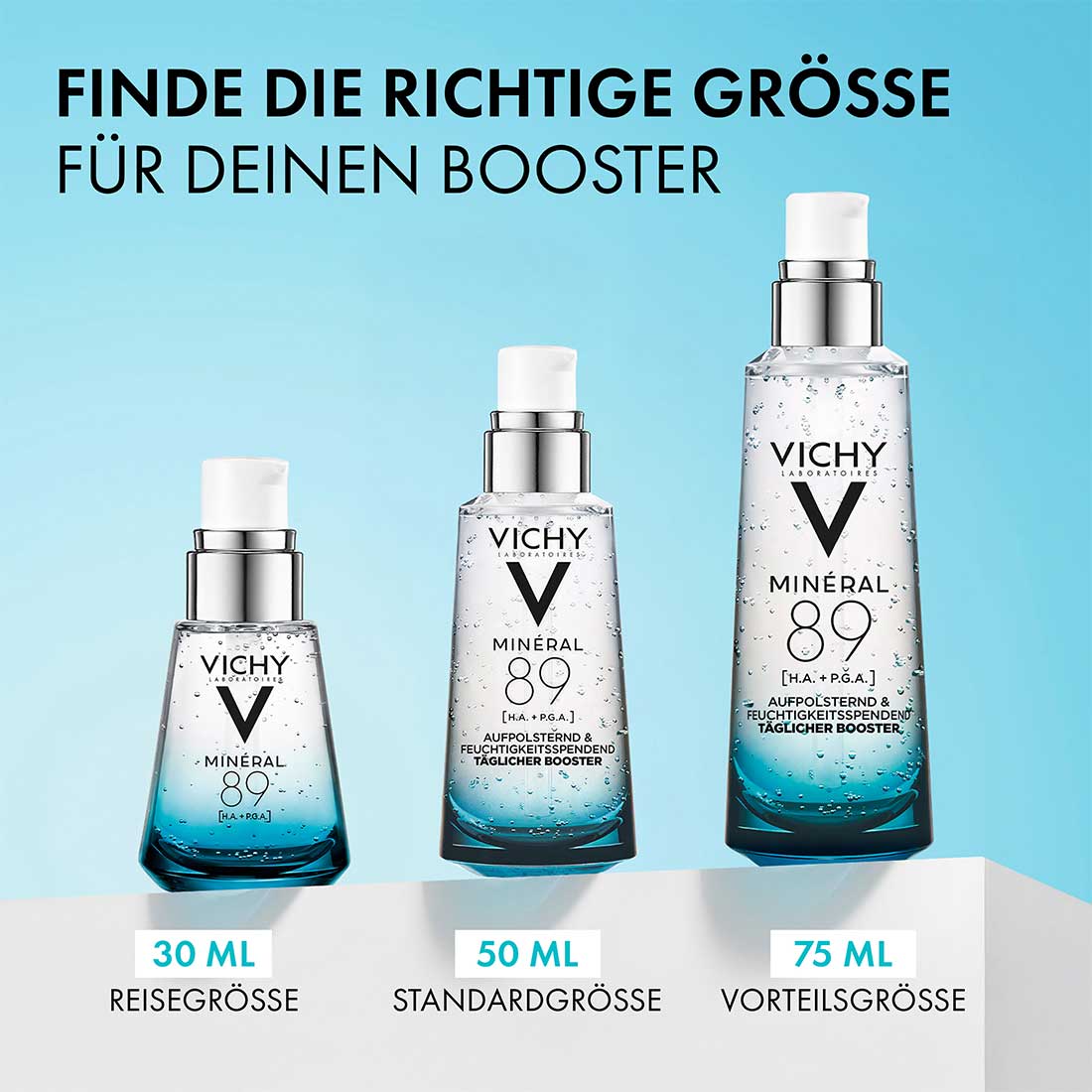 Vichy Minéral 89 Booster in drei Größen: 30 ml Reisegröße, 50 ml Standardgröße, 75 ml Vorteilsgröße