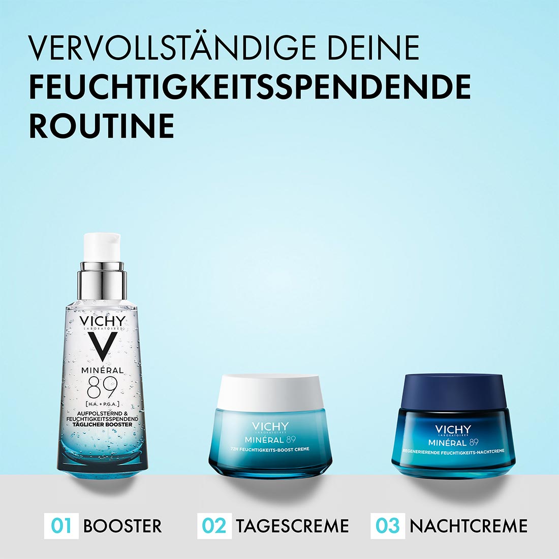 Vichy Minéral 89 Feuchtigkeitsroutine: Booster, Tagescreme und Nachtcreme