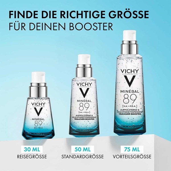 Drei Vichy Minéral 89 Boosterflaschen in 30, 50 und 75 ml, im Bild steht: passende Grösse, Reisegrösse, Standardgrösse, Vorteilsgrösse