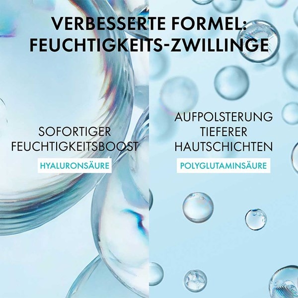 Wasserblasen vor hellem Hintergrund, im Bild steht: verbesserte Formel, Feuchtigkeits-Zwillinge, sofortiger Feuchtigkeitsboost durch Hyaluronsäure, Aufpolsterung tieferer Hautschichten durch Polyglutaminsäure