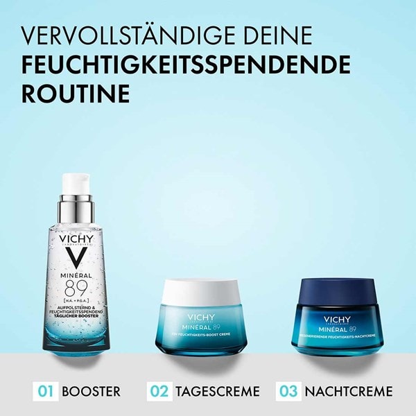 Vichy Minéral 89 Booster, Tagescreme und Nachtcreme nebeneinander, im Bild steht: feuchtigkeitsspendende Routine, Booster, Tagescreme, Nachtcreme