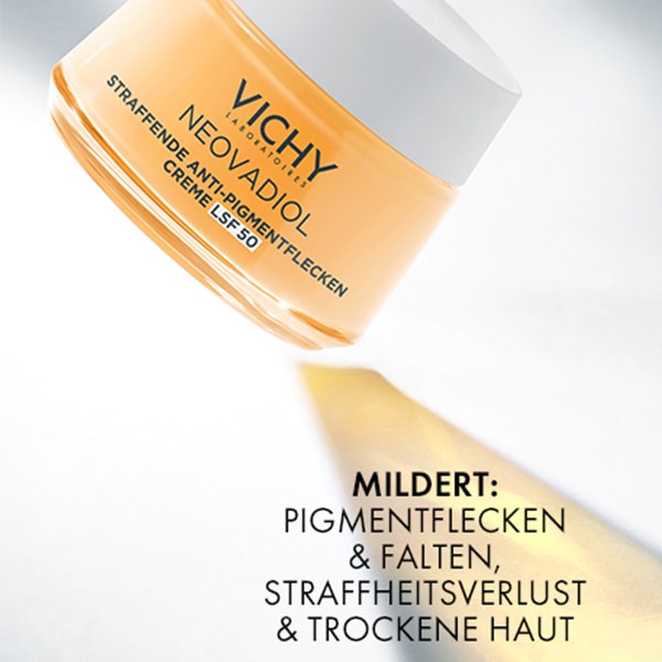 NEOVADIOL Anti-Pigmentflecken Creme LSF 50 mit dem Hinweis auf Milderung von Pigmentflecken und Falten