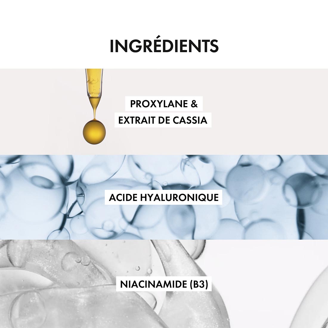 Ingrédients clés de Neovadiol : Proxylane et extrait de cassia, acide hyaluronique, niacinamide B3