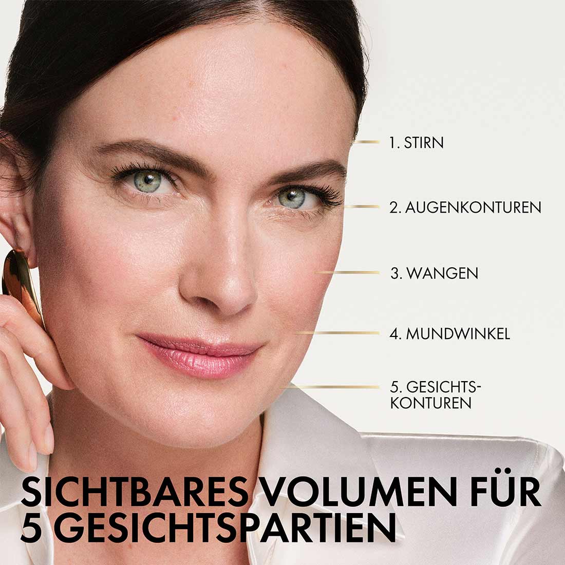 Gesicht einer Frau mit markierten Bereichen, die durch Vichy Neovadiol Longevity sichtbar mehr Volumen erhalten.