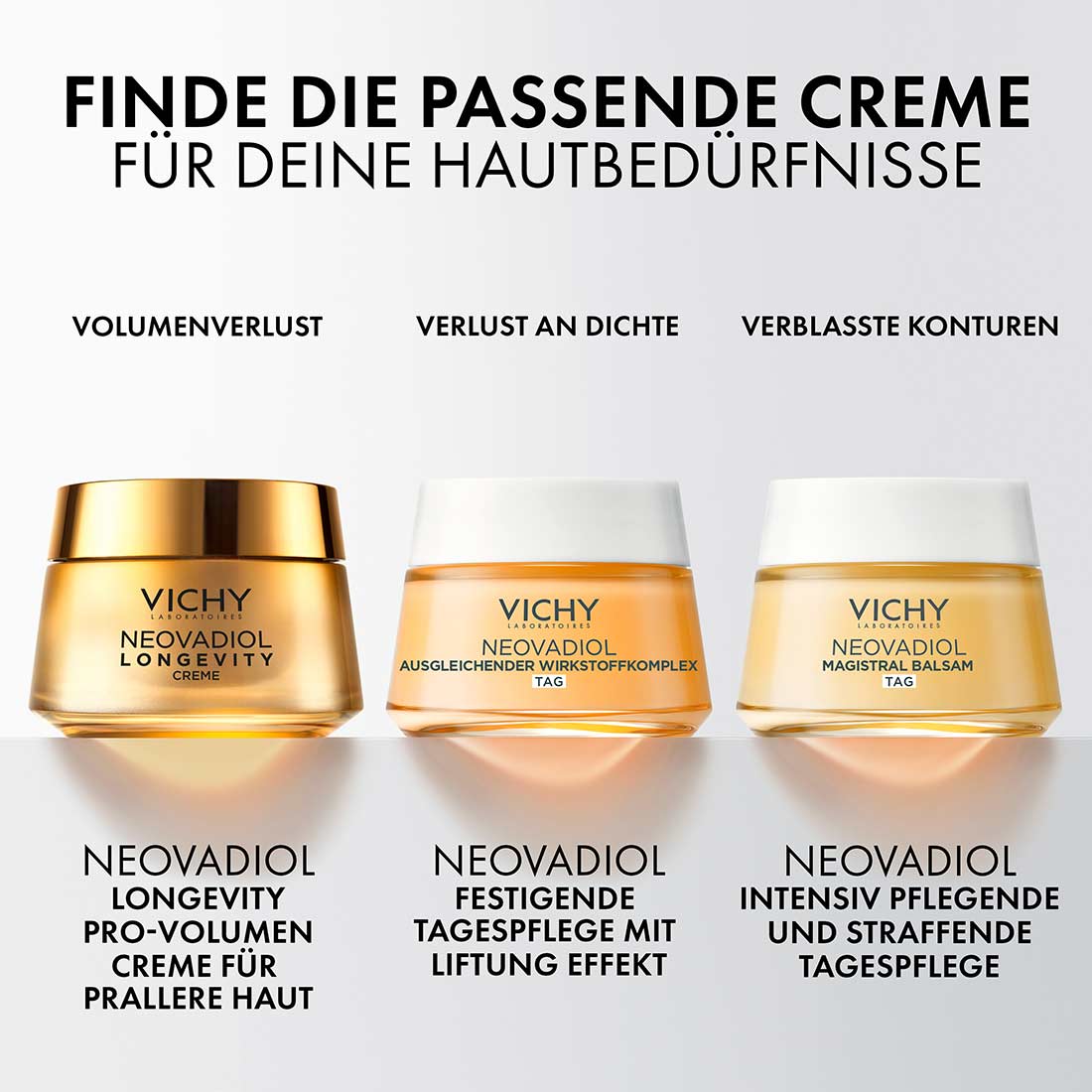 Drei Vichy Neovadiol Tagescremes im Glas, je eine für Volumen, Dichte und Konturen.