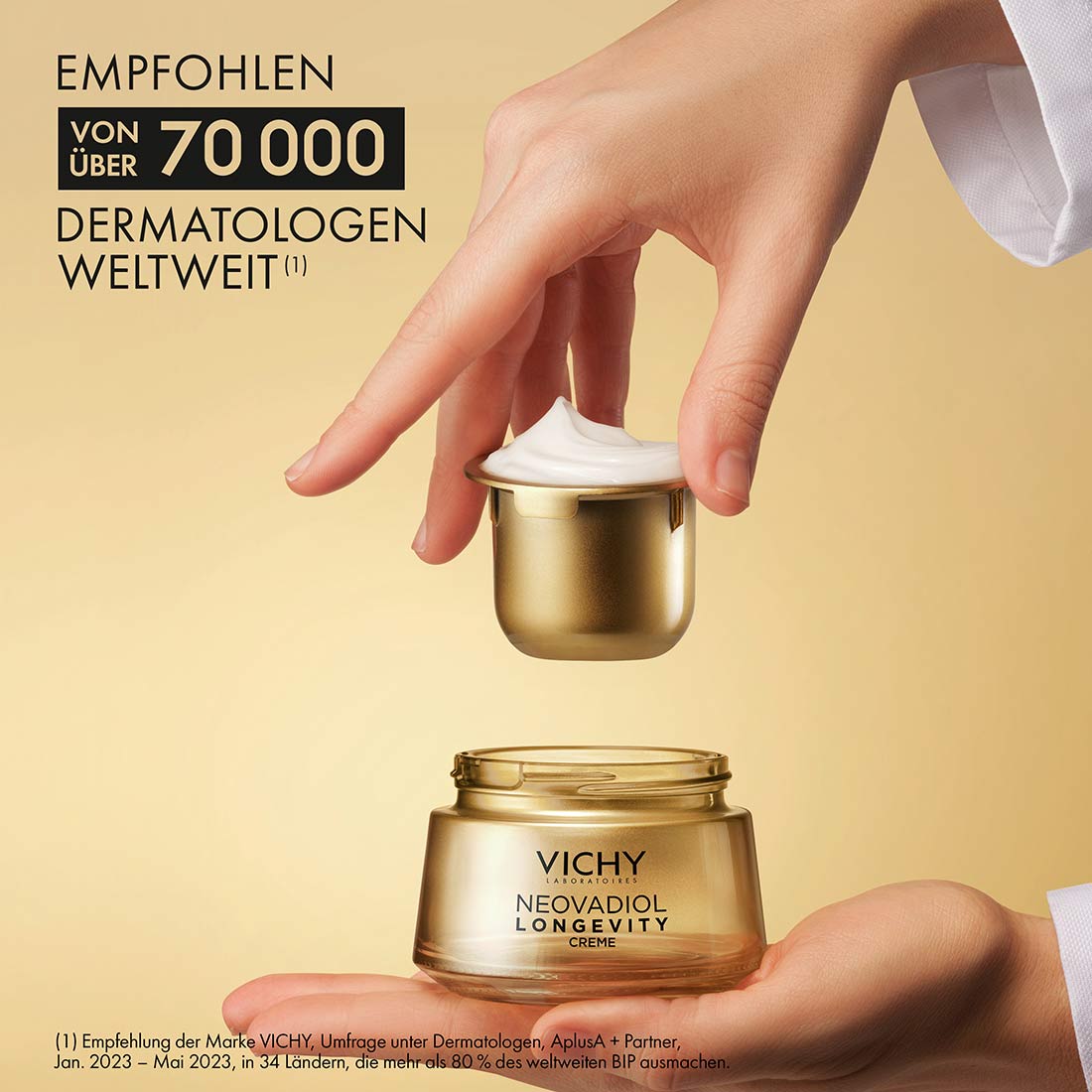 Goldener Cremetiegel Vichy Neovadiol Longevity, empfohlen von über 70.000 Dermatologen weltweit.
