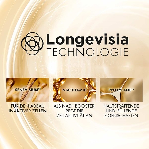 Longevisia Technologie mit den Inhaltsstoffen Senevisium, Niacinamid und Proxylane für Zellaktivität und Hautstraffung.