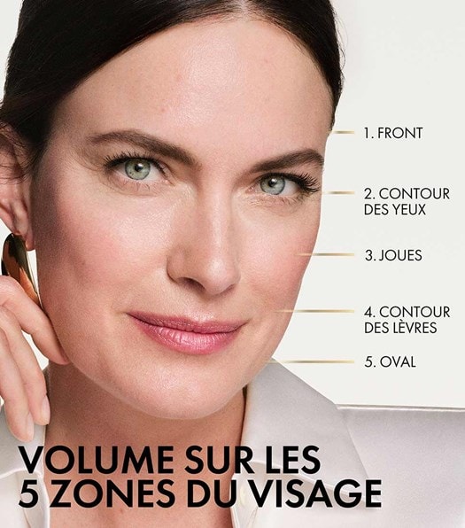 Le visage d'une femme d'âge moyen montre les 5 zones du visage. La crème redonne du volume au front, au contour des yeux, aux joues, au contour des lèvres et dans l'oval.