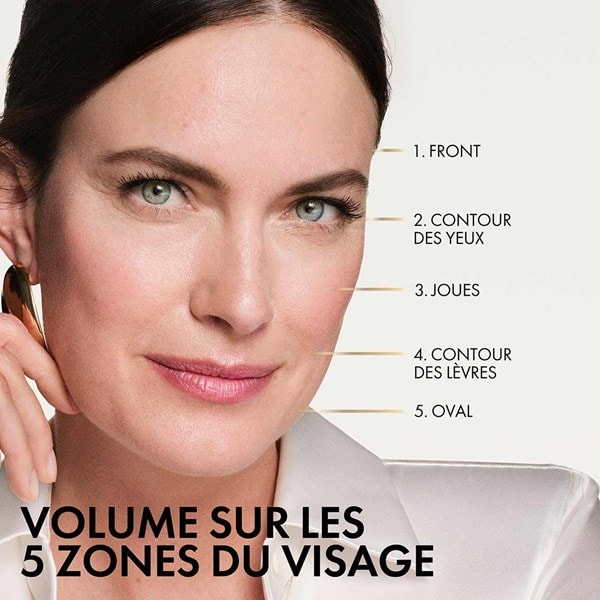 Le visage d'une femme d'âge moyen montre les 5 zones du visage. La crème redonne du volume au front, au contour des yeux, aux joues, au contour des lèvres et dans l'oval.