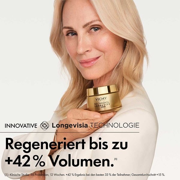 Vichy Neovadiol Longevity Creme – Frau hält Anti-Aging-Gesichtscreme, regeneriert bis zu +42 % Volumen