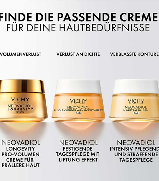 Die Passende Neovadiol creme für deine Hautbedürfnisse, eine darstellung der drei neovadiol tagescremes aus der Produktreihe