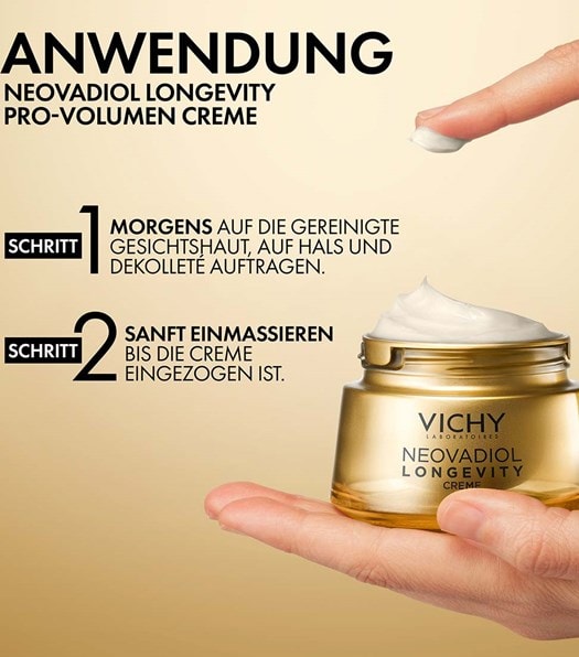 Die Anwendung der VICHY Neovadiol Longevity pro creme in 2 Schritten