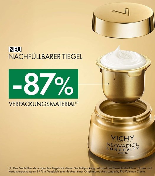 Darstellung der goldenen reffill verpackung und tigel der VICHY Neovadiol Longevity Pro Volumen creme, durch die 87% verpackungsmaterial gespart wird