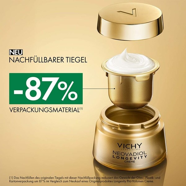 Darstellung der goldenen reffill verpackung und tigel der VICHY Neovadiol Longevity Pro Volumen creme, durch die 87% verpackungsmaterial gespart wird