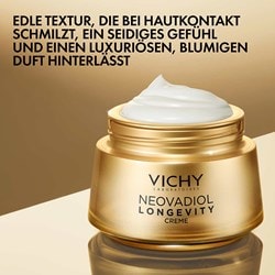 Darstellung der Textur der VICHY Neovadiol Longevity Pro Volumen creme die auf der haut schmilzt und ein seidiges gefühl mit einem luxuriösen blumigen duft hinterlässt